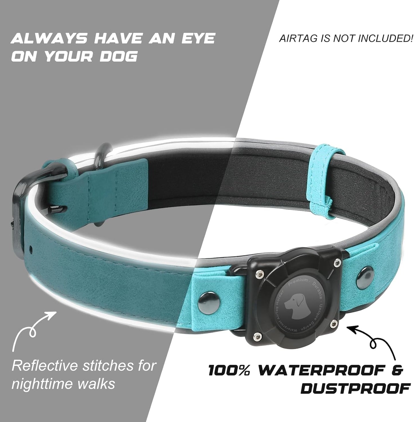 Leather Airtag Dog Collar, Waterproof Dog Collar with Air Tag Holder, Compatible with Apple Air Tag, Reflective, Durable, Comfortable Padded GPS Dogs Collars (Light Blue, L)