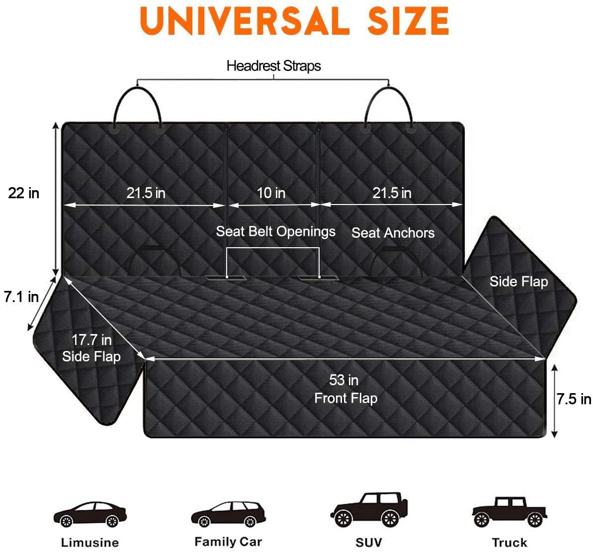 Dog Car Seat Cover, Back Seat Waterproof Bench Cover, Non-Slip, Fits Middle Armrest for Most Cars Suvs Trucks - Black