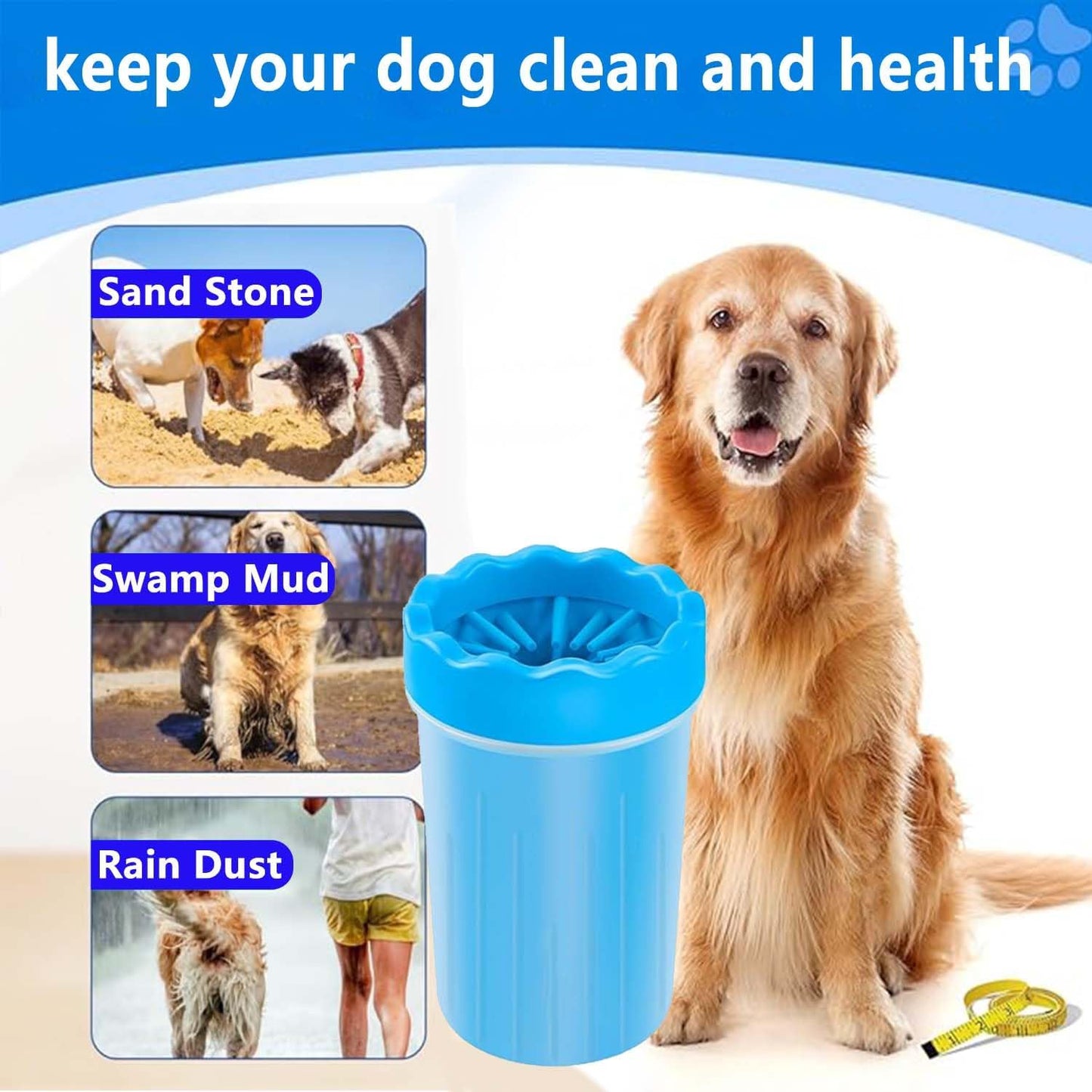 Pet Paw Cleaner and Washer - Portable Foot Cleaning Cup for Dogs and Cats of All Breeds (Includes Towel and Brush) - Blue