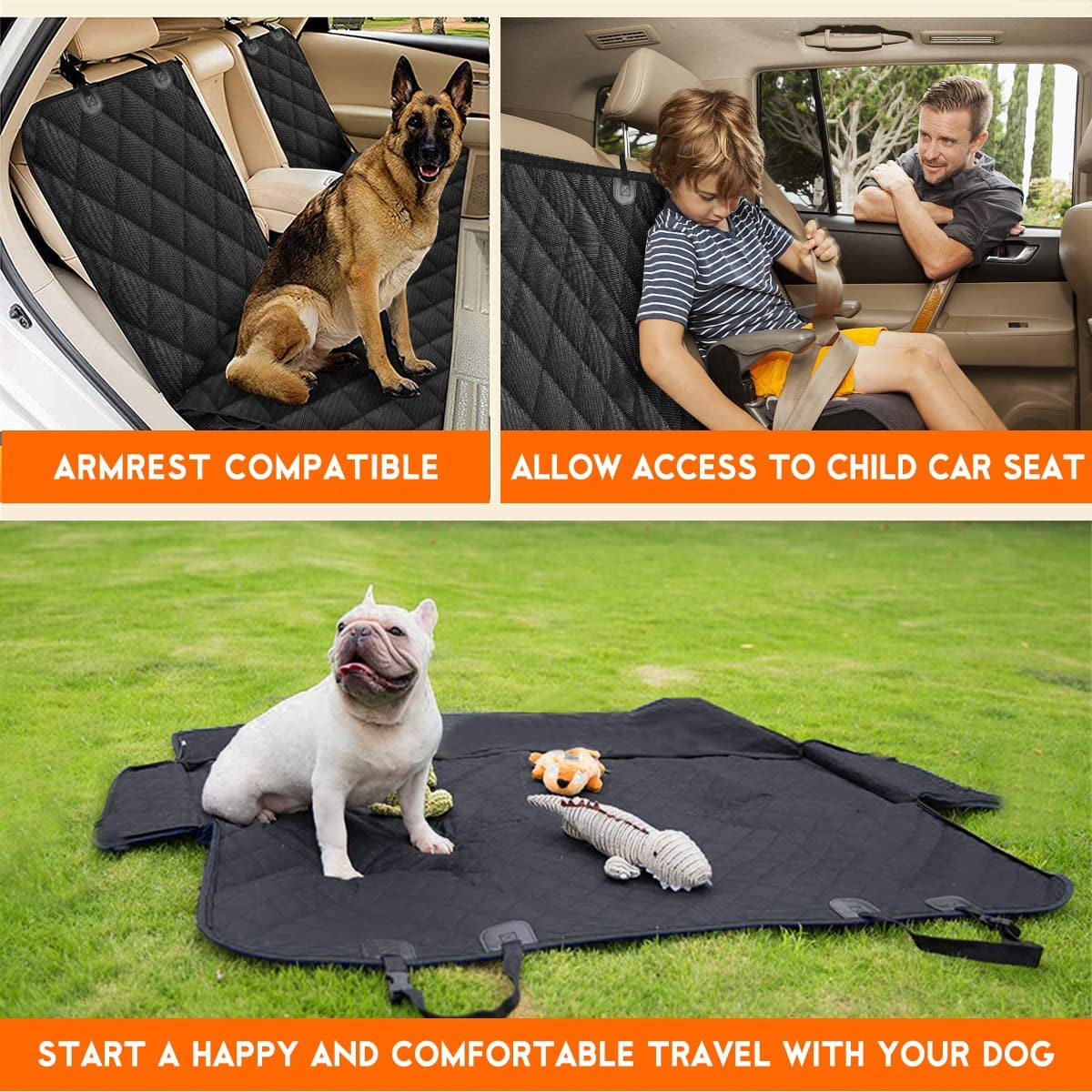 Dog Car Seat Cover, Back Seat Waterproof Bench Cover, Non-Slip, Fits Middle Armrest for Most Cars Suvs Trucks - Black