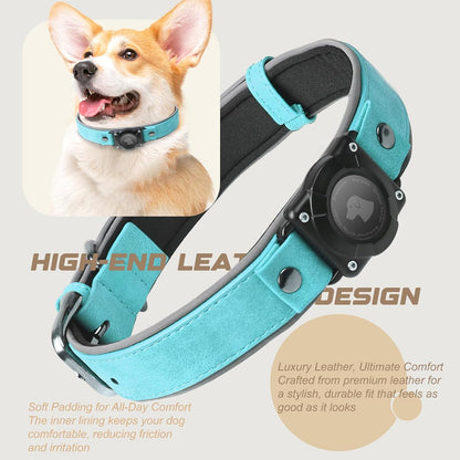 Leather Airtag Dog Collar, Waterproof Dog Collar with Air Tag Holder, Compatible with Apple Air Tag, Reflective, Durable, Comfortable Padded GPS Dogs Collars (Light Blue, L)