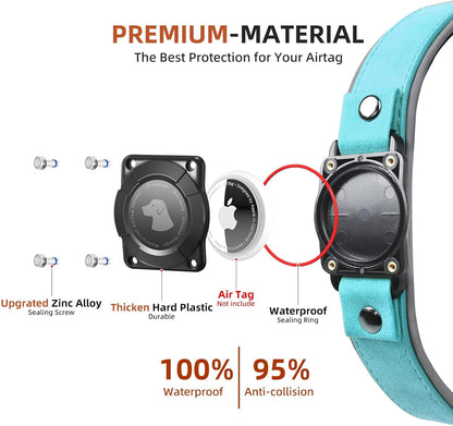 Leather Airtag Dog Collar, Waterproof Dog Collar with Air Tag Holder, Compatible with Apple Air Tag, Reflective, Durable, Comfortable Padded GPS Dogs Collars (Light Blue, L)