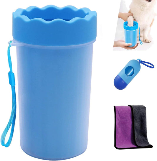 Pet Paw Cleaner and Washer - Portable Foot Cleaning Cup for Dogs and Cats of All Breeds (Includes Towel and Brush) - Blue