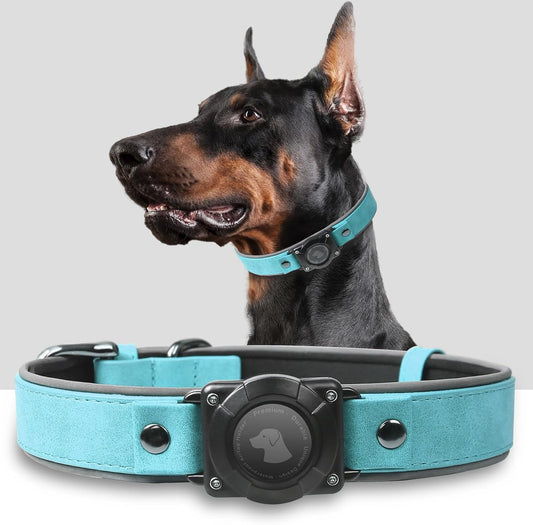 Leather Airtag Dog Collar, Waterproof Dog Collar with Air Tag Holder, Compatible with Apple Air Tag, Reflective, Durable, Comfortable Padded GPS Dogs Collars (Light Blue, L)